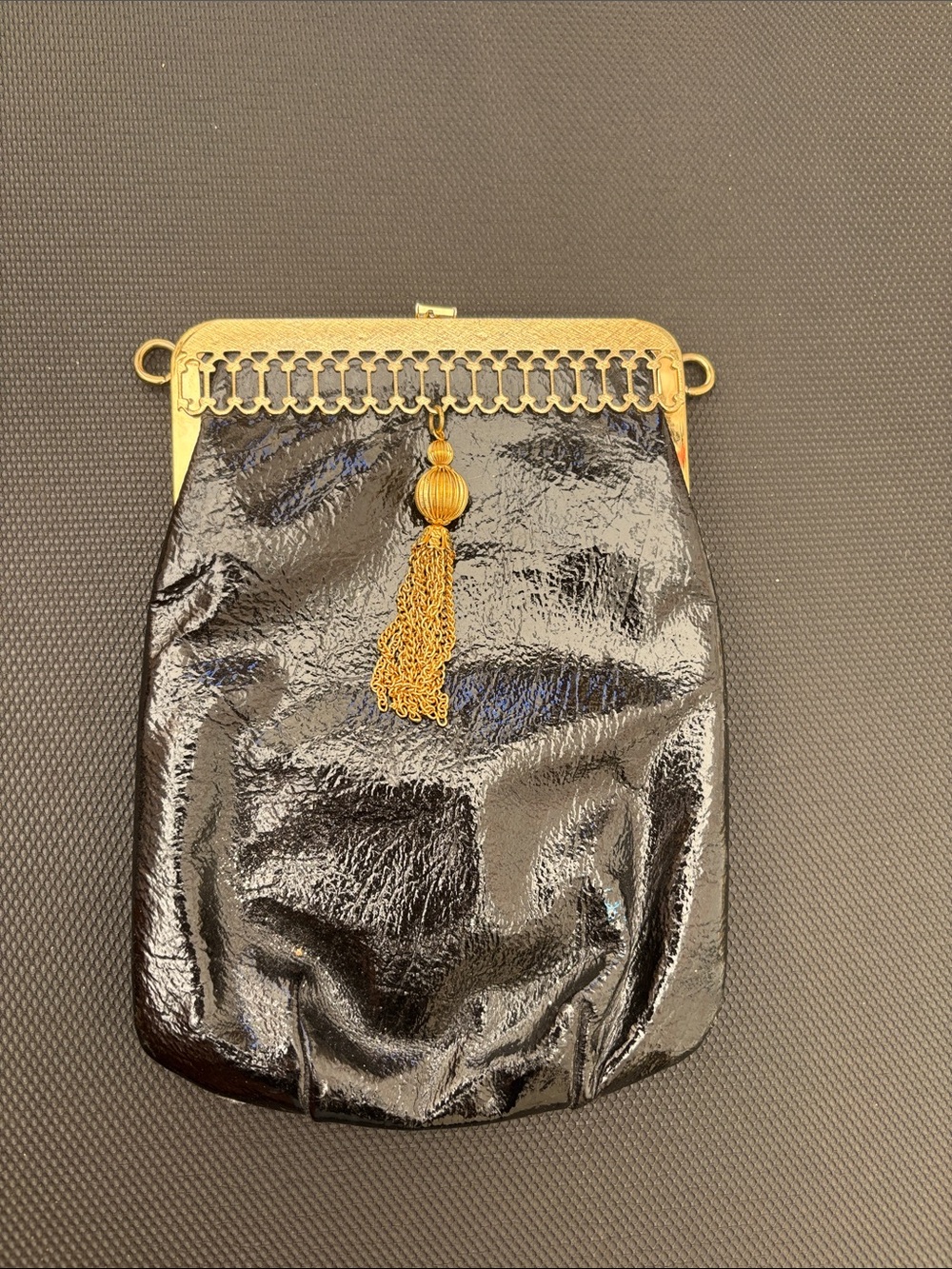 Peck & Peck 5th Ave NY Vintage 1960s Black Patent Evening Bag with Gold Tassel
